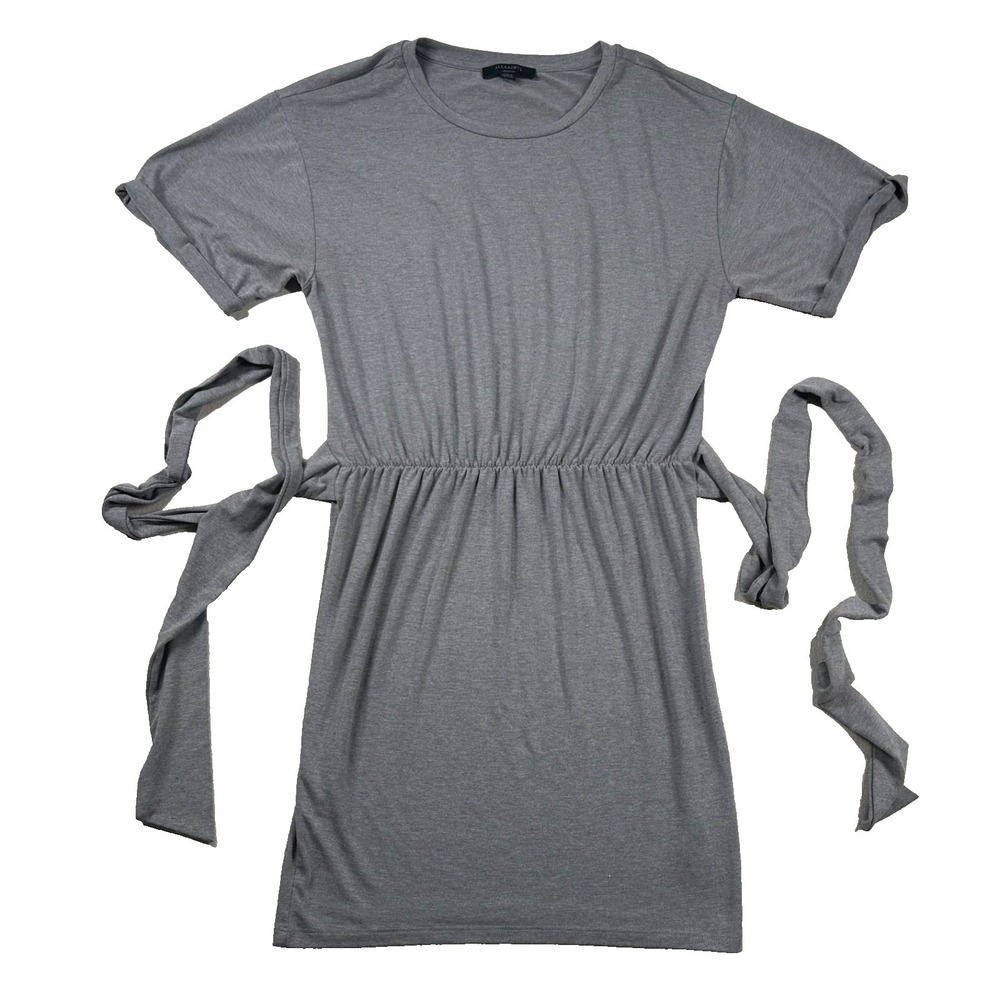 All Saints Dress Womens M Mini Tie Waist Belted Crew Neck Stretch Heather Gray